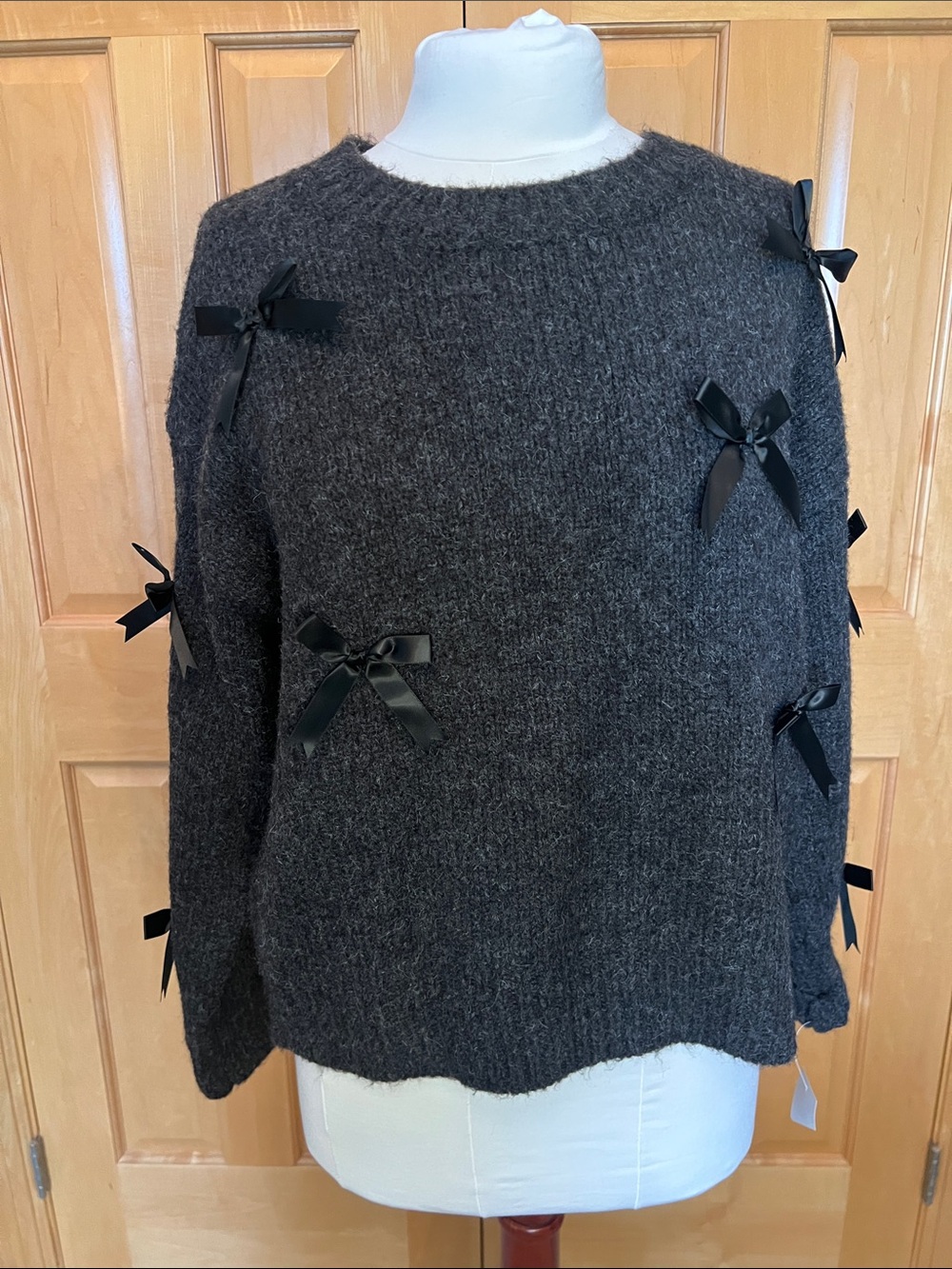 bobeau Charcoal Gray Crewneck Sweater with Black Satin Bows